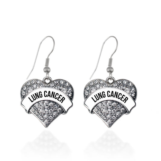 Silver Lung Cancer Awareness Pave Heart Charm Dangle Earrings