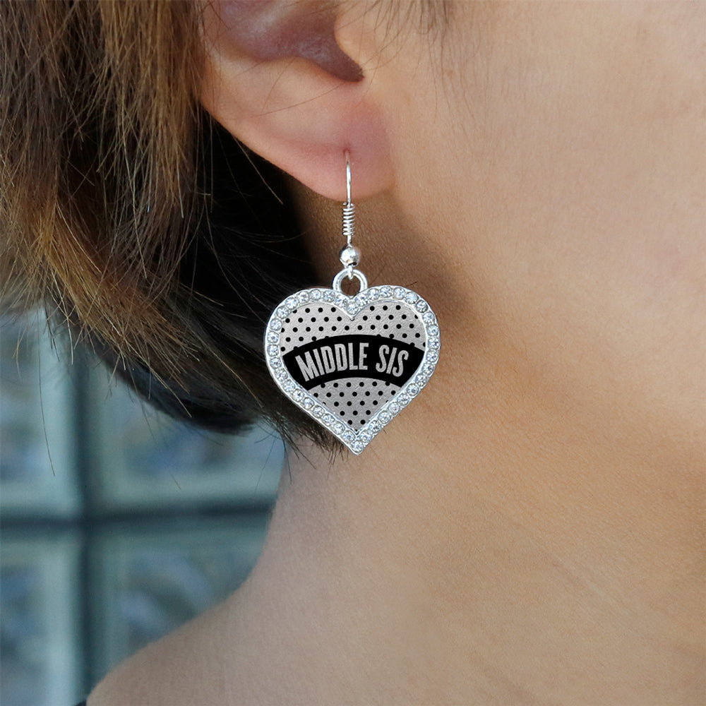 Silver Black Polka Dot Middle Sis Open Heart Charm Dangle Earrings