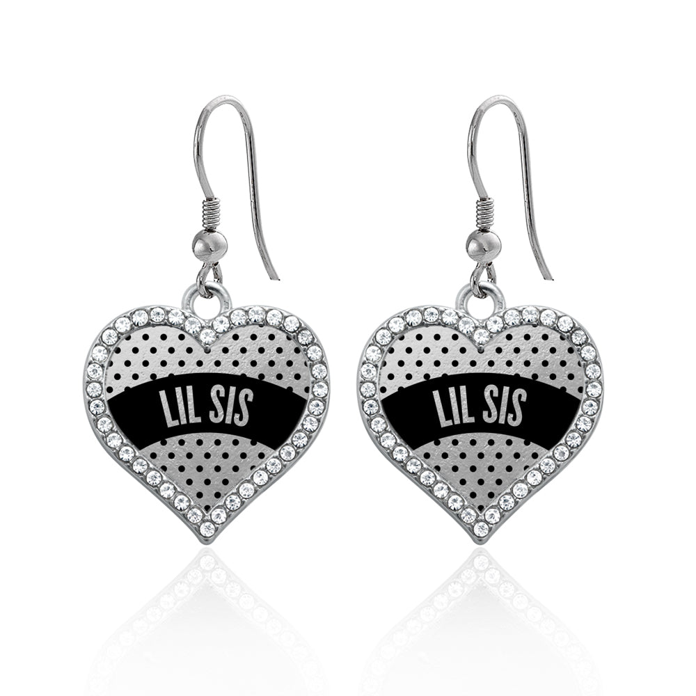 Silver Black Polka Dot Lil Sis Open Heart Charm Dangle Earrings