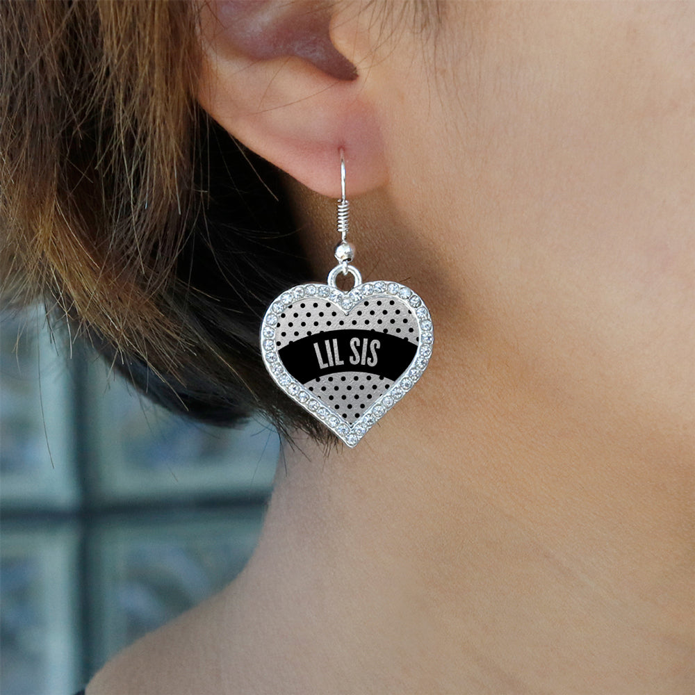 Silver Black Polka Dot Lil Sis Open Heart Charm Dangle Earrings
