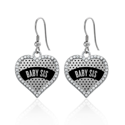 Silver Black Polka Dot Baby Sis Open Heart Charm Dangle Earrings