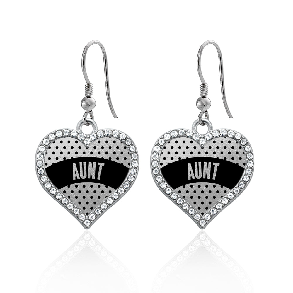 Silver Black Polka Dot Aunt Open Heart Charm Dangle Earrings