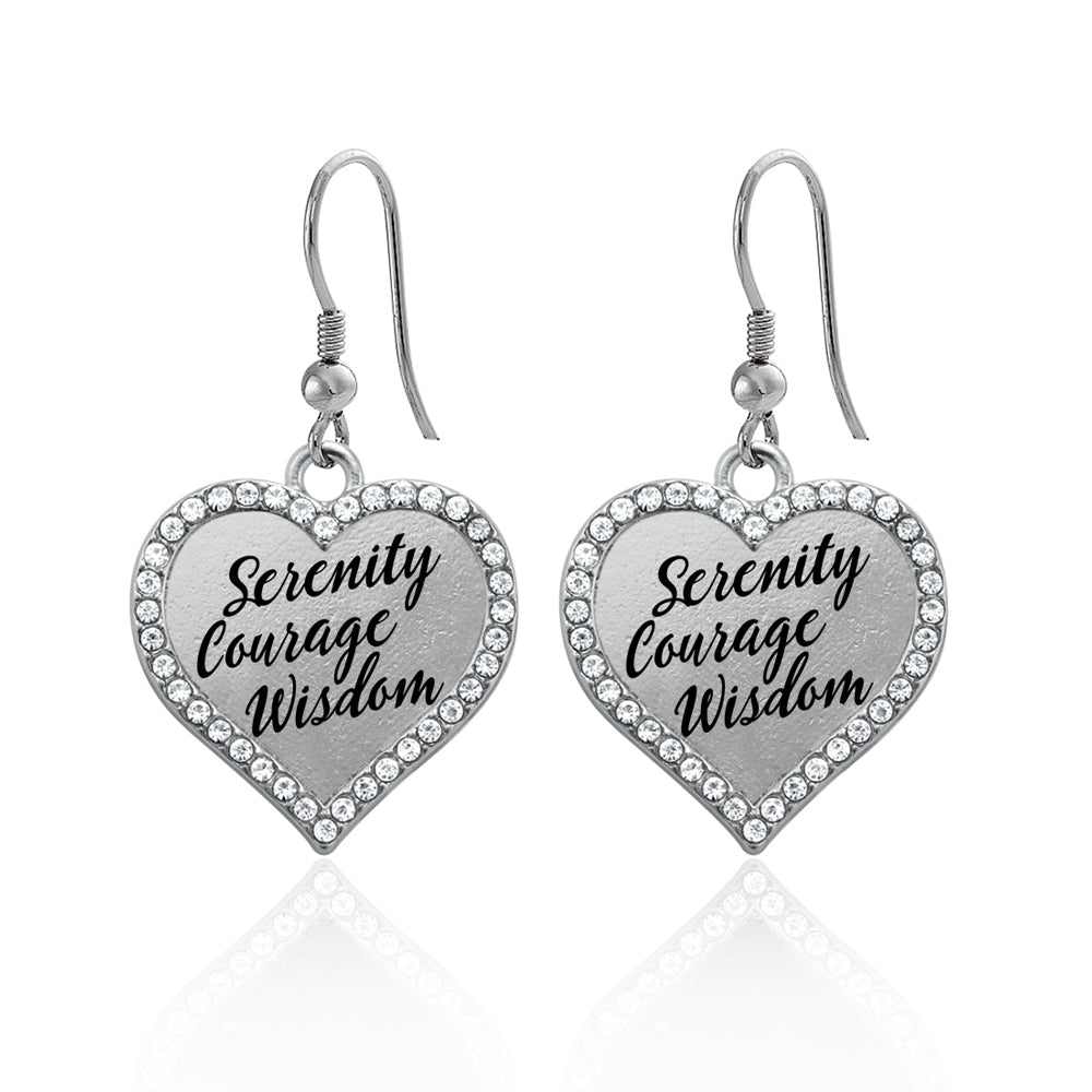 Silver Serenity Prayer Open Heart Charm Dangle Earrings