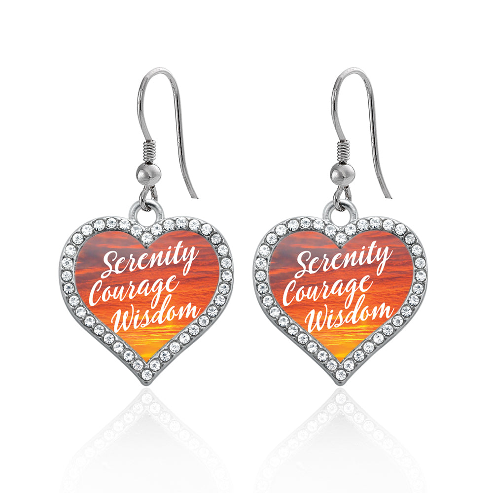 Silver Sunset Serenity Prayer Open Heart Charm Dangle Earrings