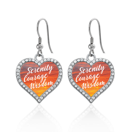 Silver Sunset Serenity Prayer Open Heart Charm Dangle Earrings