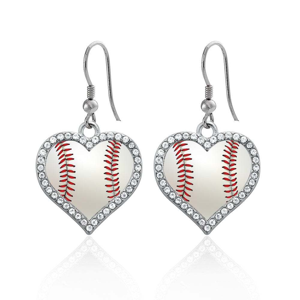 Silver Baseball Open Heart Charm Dangle Earrings