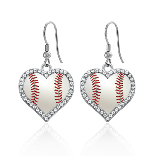 Silver Baseball Open Heart Charm Dangle Earrings