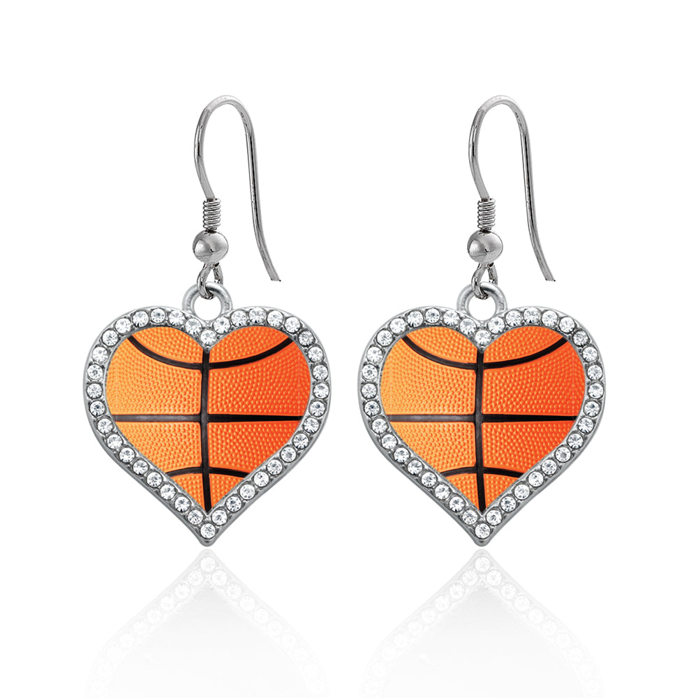 Silver Basketball Open Heart Charm Dangle Earrings
