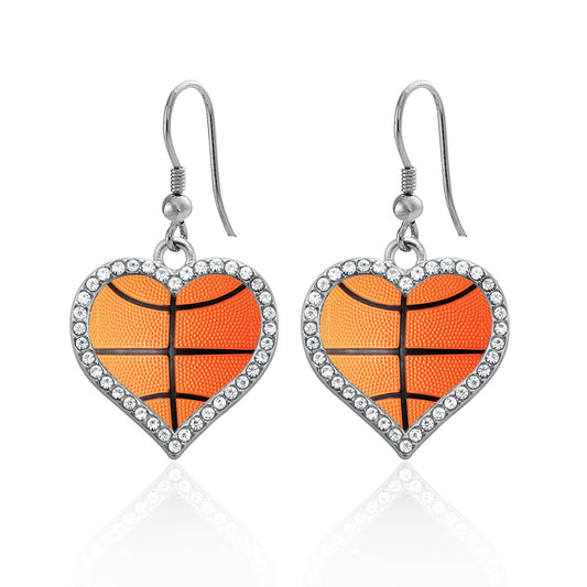 Silver Basketball Open Heart Charm Dangle Earrings