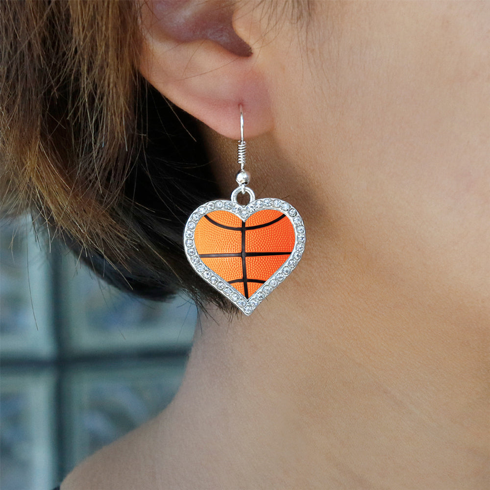 Silver Basketball Open Heart Charm Dangle Earrings