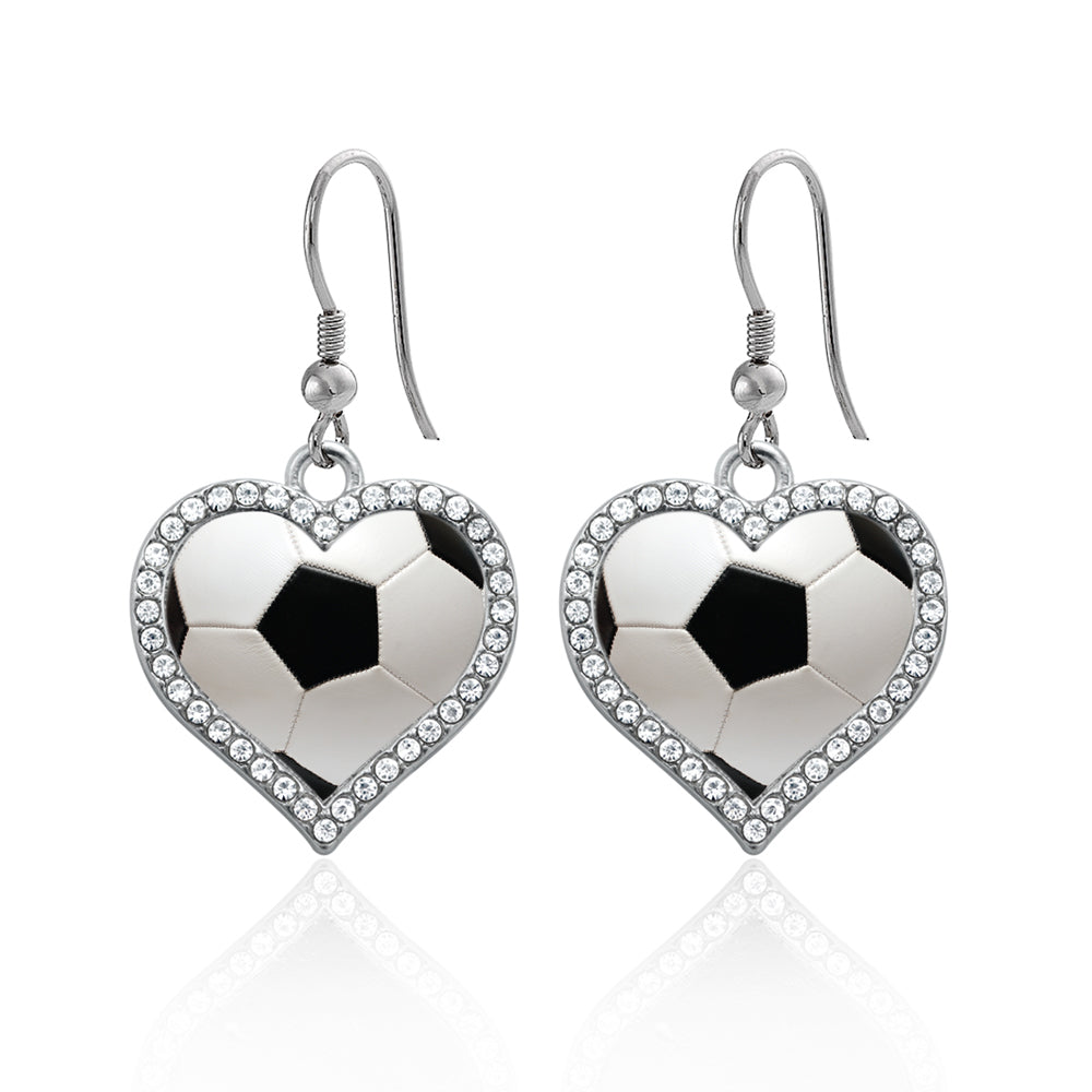 Silver Soccer Ball Open Heart Charm Dangle Earrings