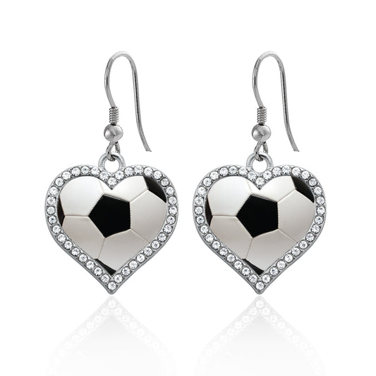 Silver Soccer Ball Open Heart Charm Dangle Earrings