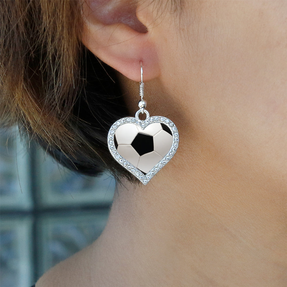Silver Soccer Ball Open Heart Charm Dangle Earrings