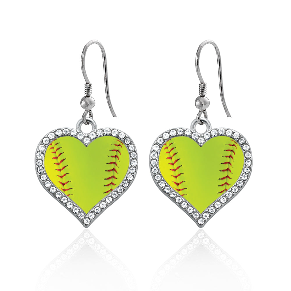 Silver Softball Open Heart Charm Dangle Earrings