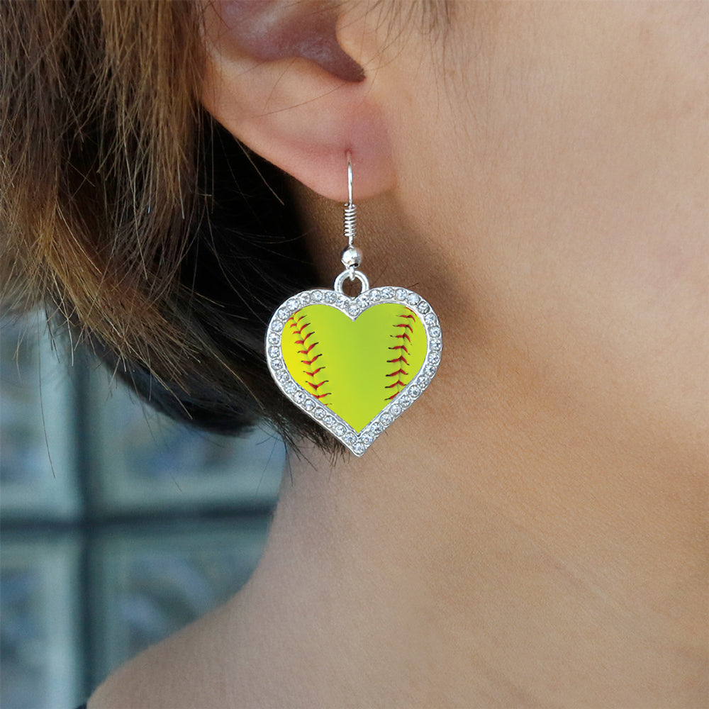 Silver Softball Open Heart Charm Dangle Earrings