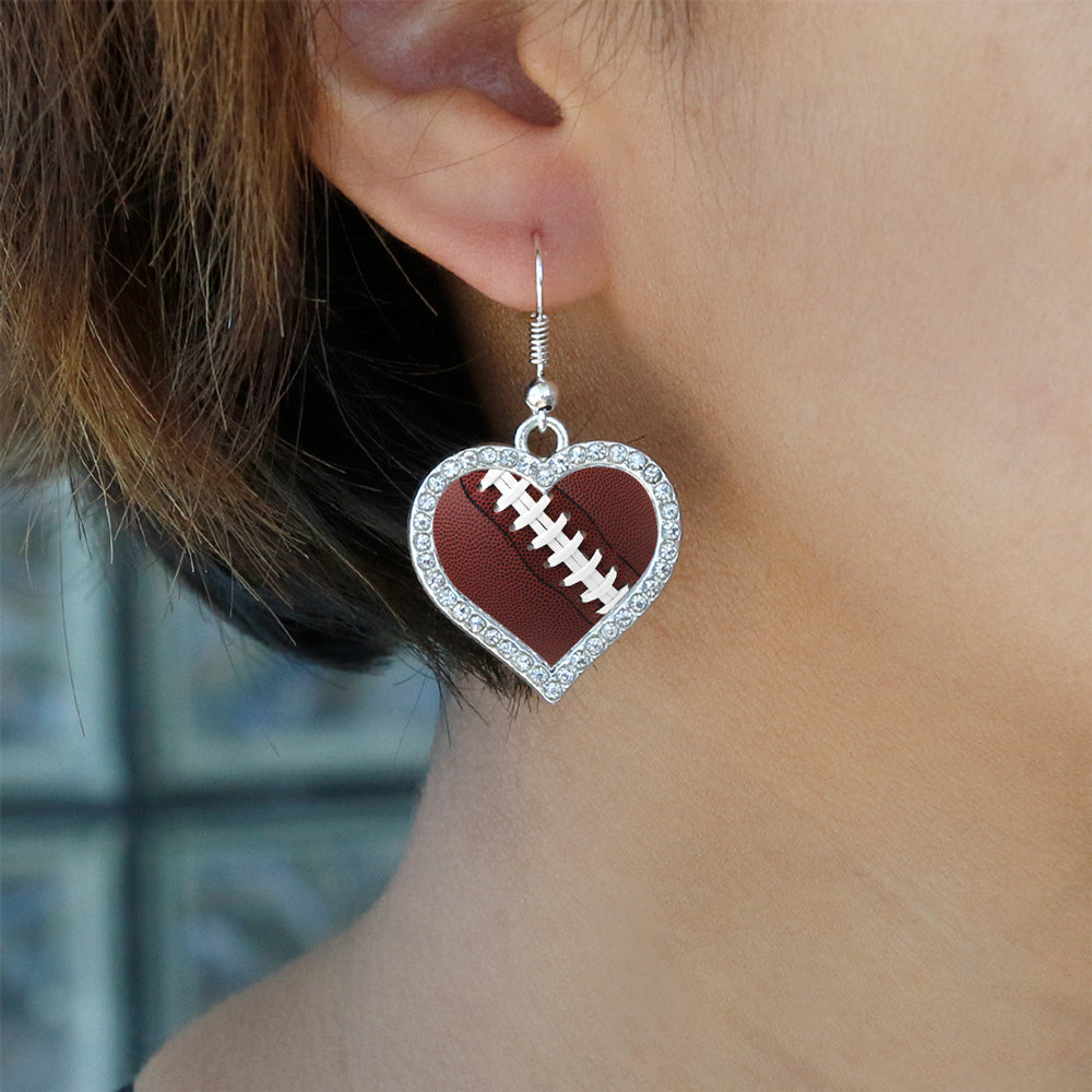 Silver Football Open Heart Charm Dangle Earrings