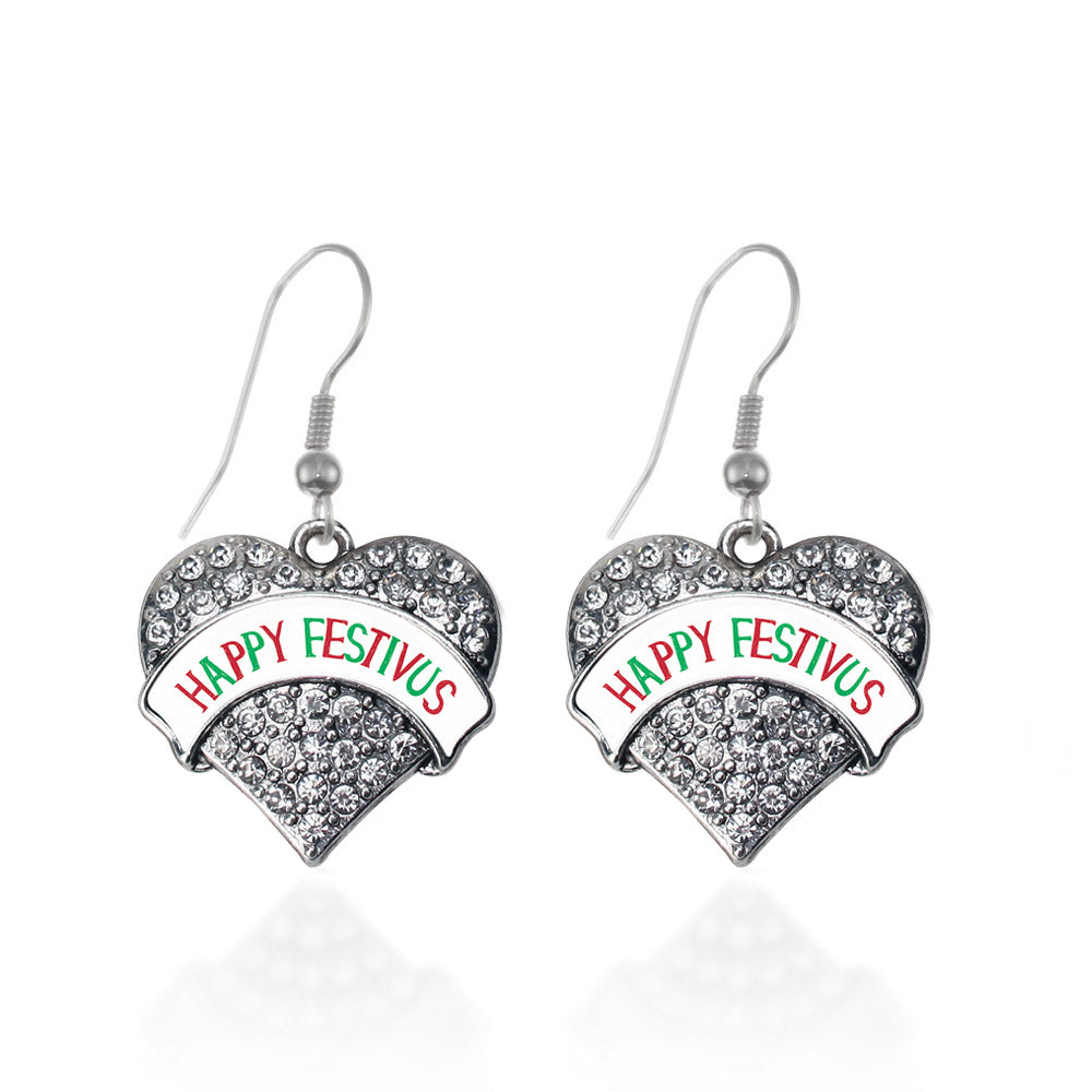Silver Happy Festivus Pave Heart Charm Dangle Earrings