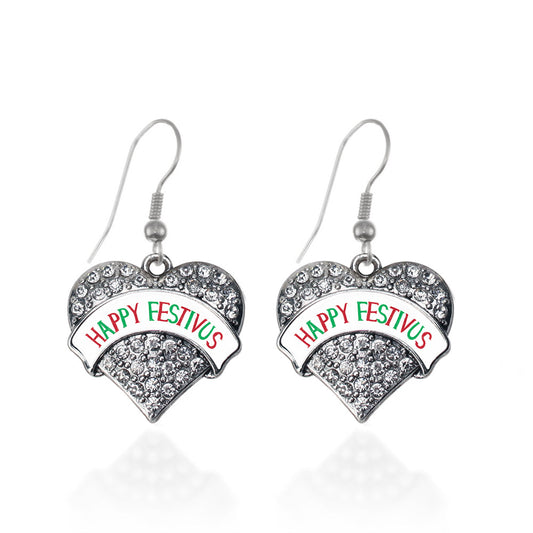 Silver Happy Festivus Pave Heart Charm Dangle Earrings