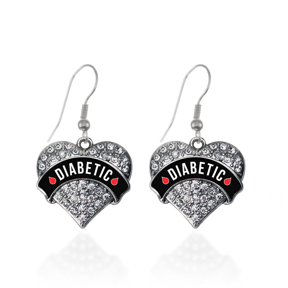 Silver Diabetic Medical Alert Pave Heart Charm Dangle Earrings