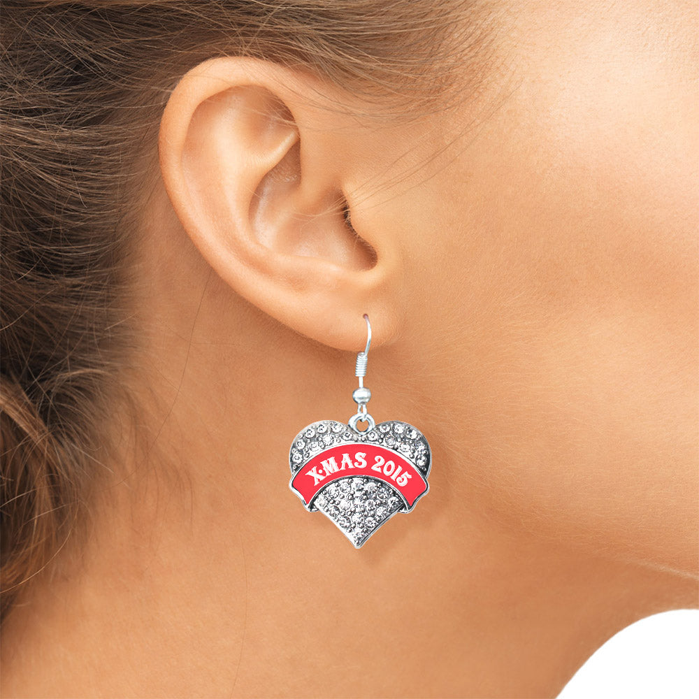 Silver Red Banner X-mas 2016 Pave Heart Charm Dangle Earrings