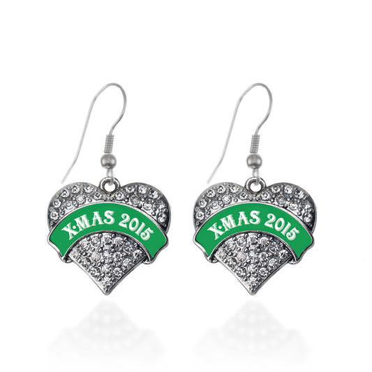 Silver Green Banner X-Mas 2016 Pave Heart Charm Dangle Earrings