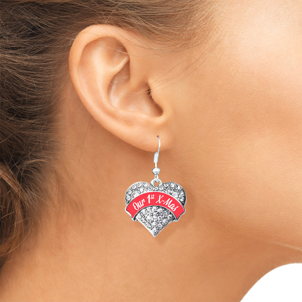 Silver Red Our First X-Mas Pave Heart Charm Dangle Earrings