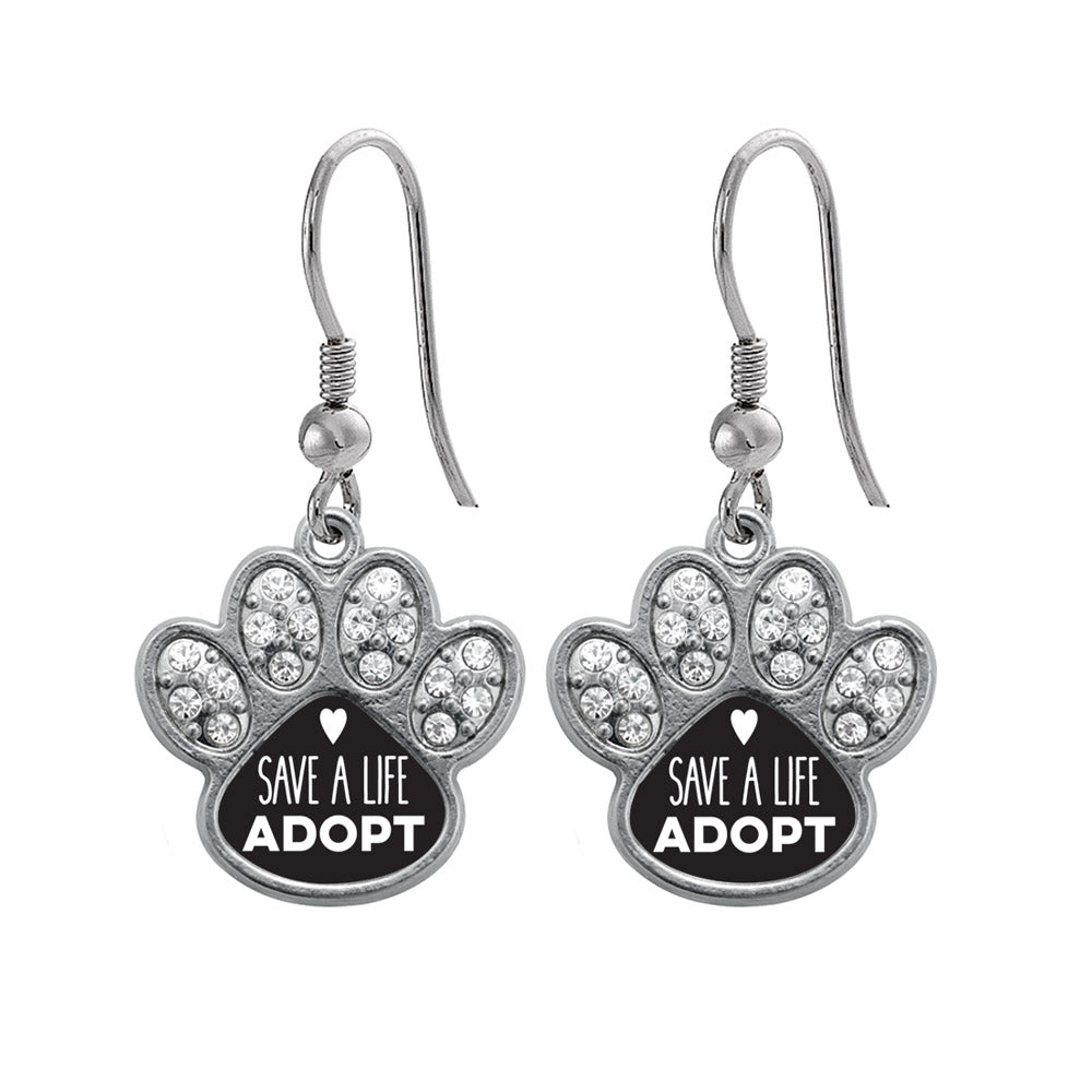 Silver Save A Life, Adopt Pave Paw Charm Dangle Earrings