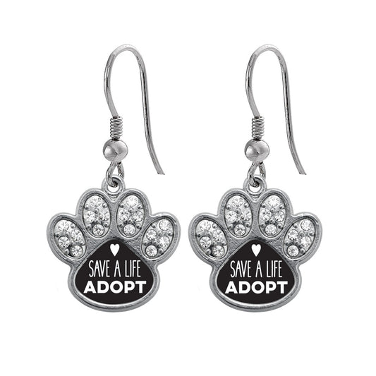 Silver Save A Life, Adopt Pave Paw Charm Dangle Earrings