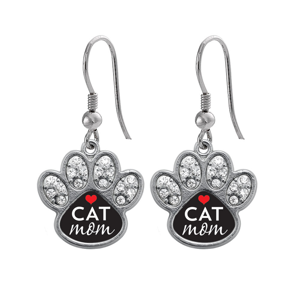Silver Cat Mom Pave Paw Charm Dangle Earrings