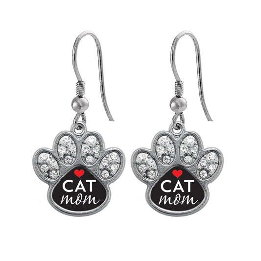 Silver Cat Mom Pave Paw Charm Dangle Earrings