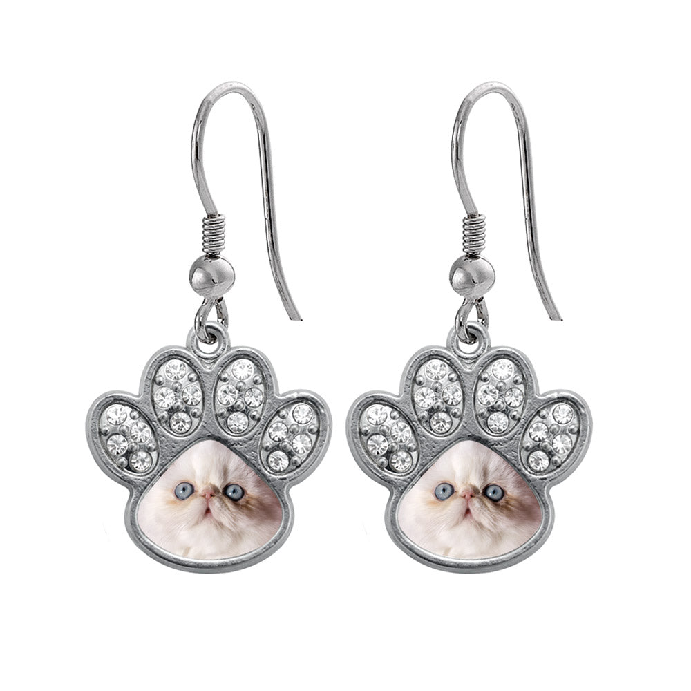 Silver Persian Cat Pave Paw Charm Dangle Earrings