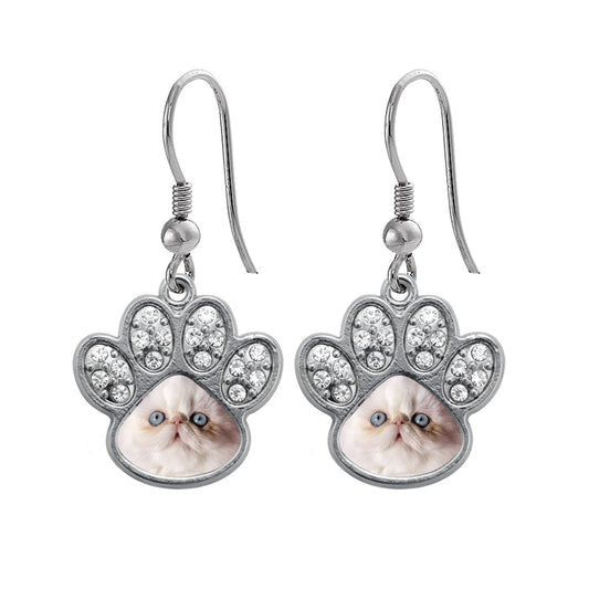 Silver Persian Cat Pave Paw Charm Dangle Earrings