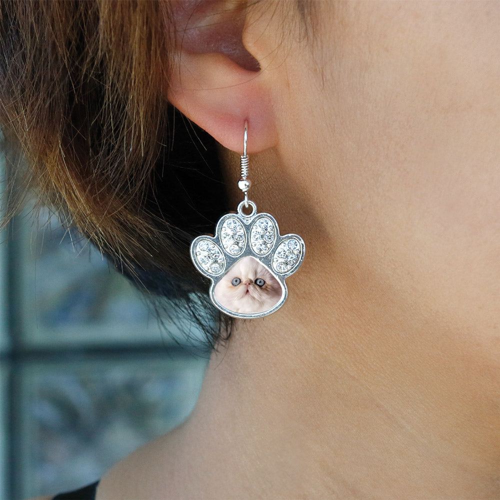 Silver Persian Cat Pave Paw Charm Dangle Earrings