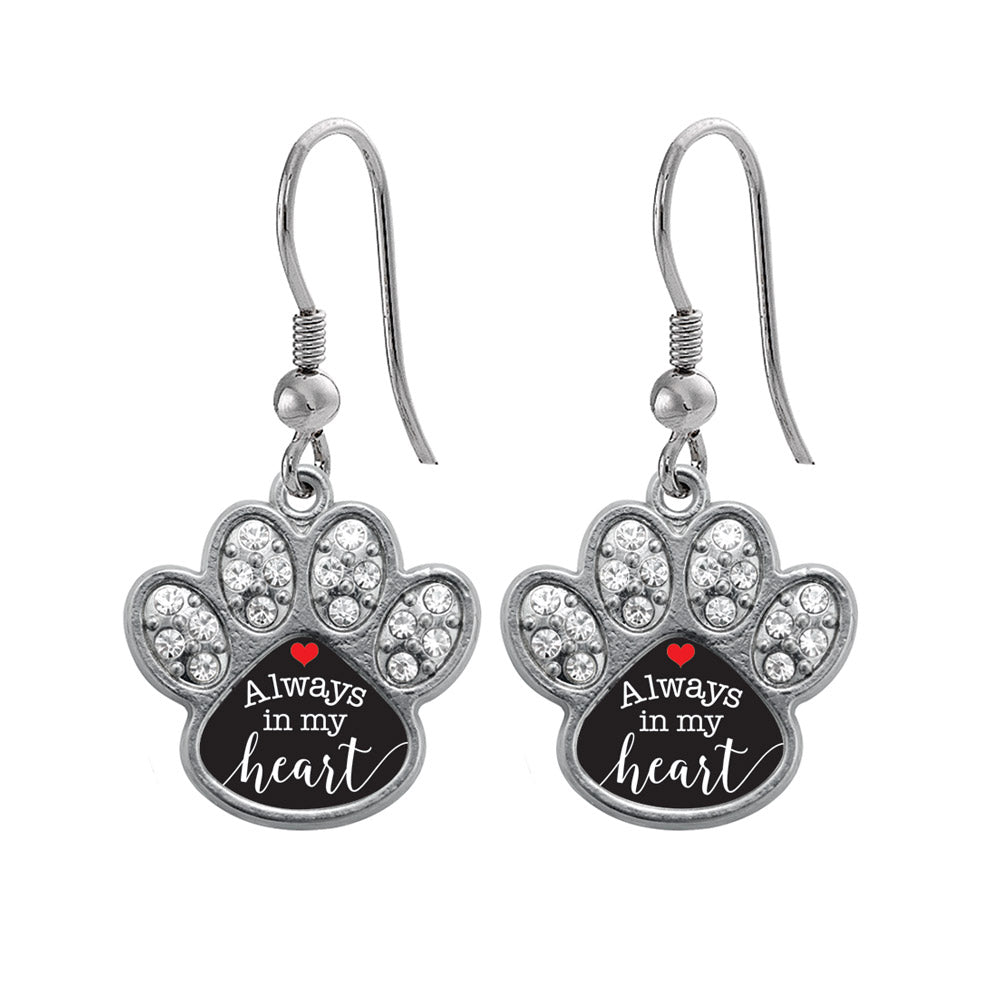 Silver Always in my Heart Pave Paw Charm Dangle Earrings