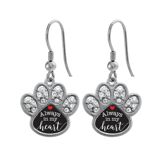 Silver Always in my Heart Pave Paw Charm Dangle Earrings