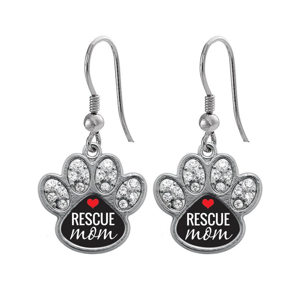 Silver Rescue Mom Pave Paw Charm Dangle Earrings