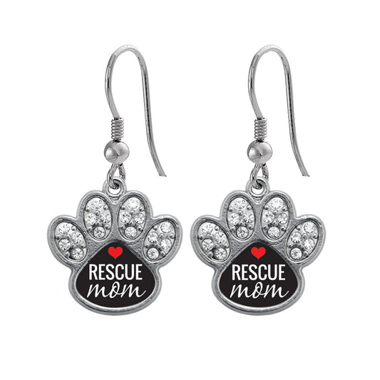 Silver Rescue Mom Pave Paw Charm Dangle Earrings