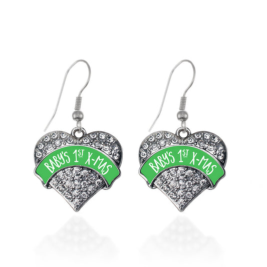 Silver Green Banner Baby's 1st X-Mas Pave Heart Charm Dangle Earrings
