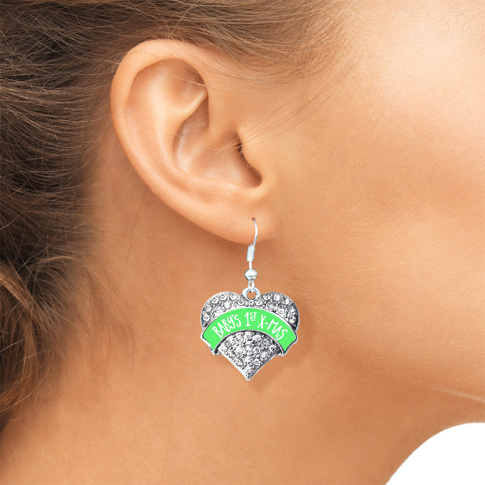 Silver Green Banner Baby's 1st X-Mas Pave Heart Charm Dangle Earrings