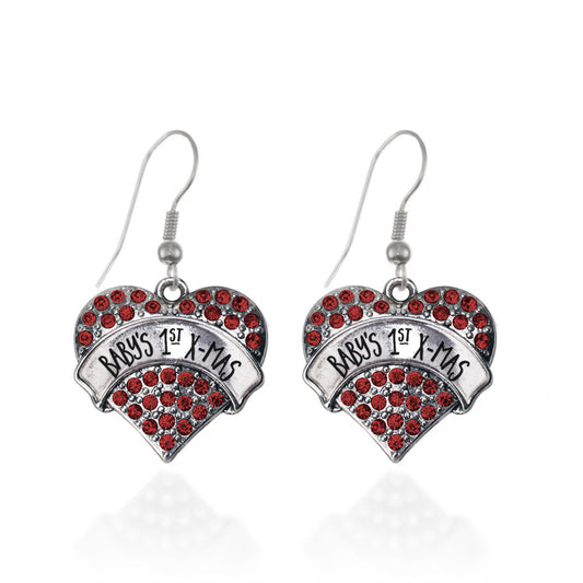 Silver Baby's 1st X-Mas Red Red Pave Heart Charm Dangle Earrings