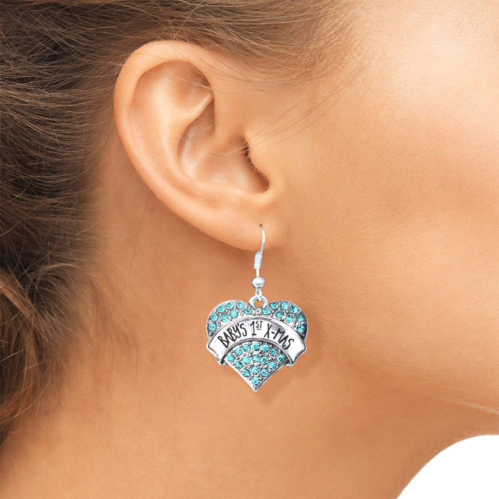 Silver Baby's 1st X-Mas Aqua Aqua Pave Heart Charm Dangle Earrings