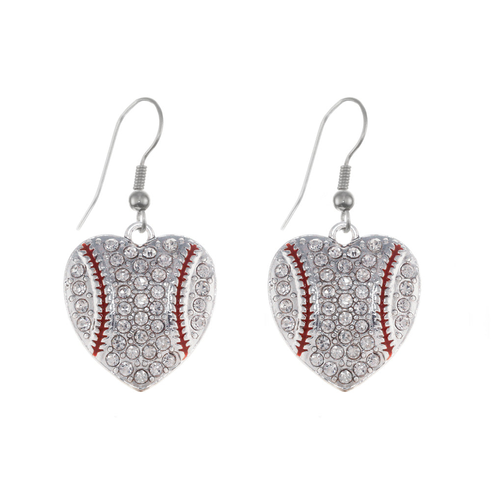 Silver Baseball Heart Charm Dangle Earrings