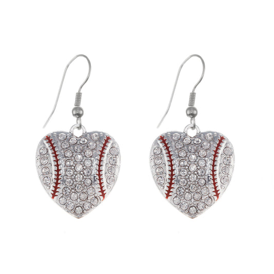 Silver Baseball Heart Charm Dangle Earrings