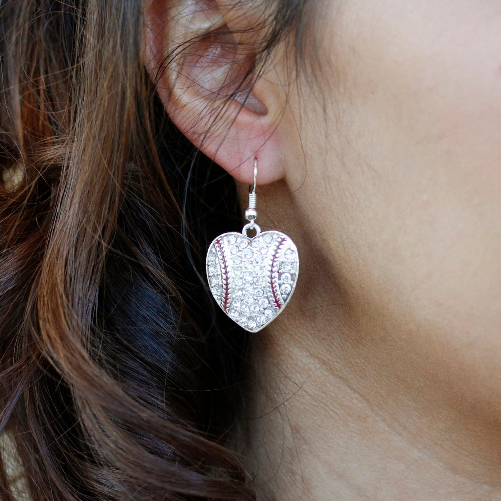Silver Baseball Heart Charm Dangle Earrings
