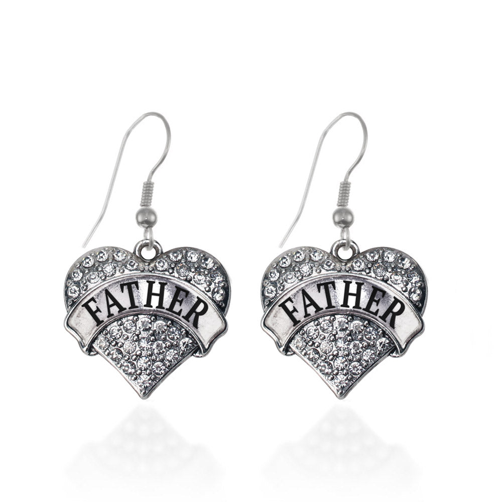Silver Father Pave Heart Charm Dangle Earrings