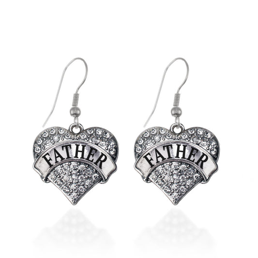 Silver Father Pave Heart Charm Dangle Earrings