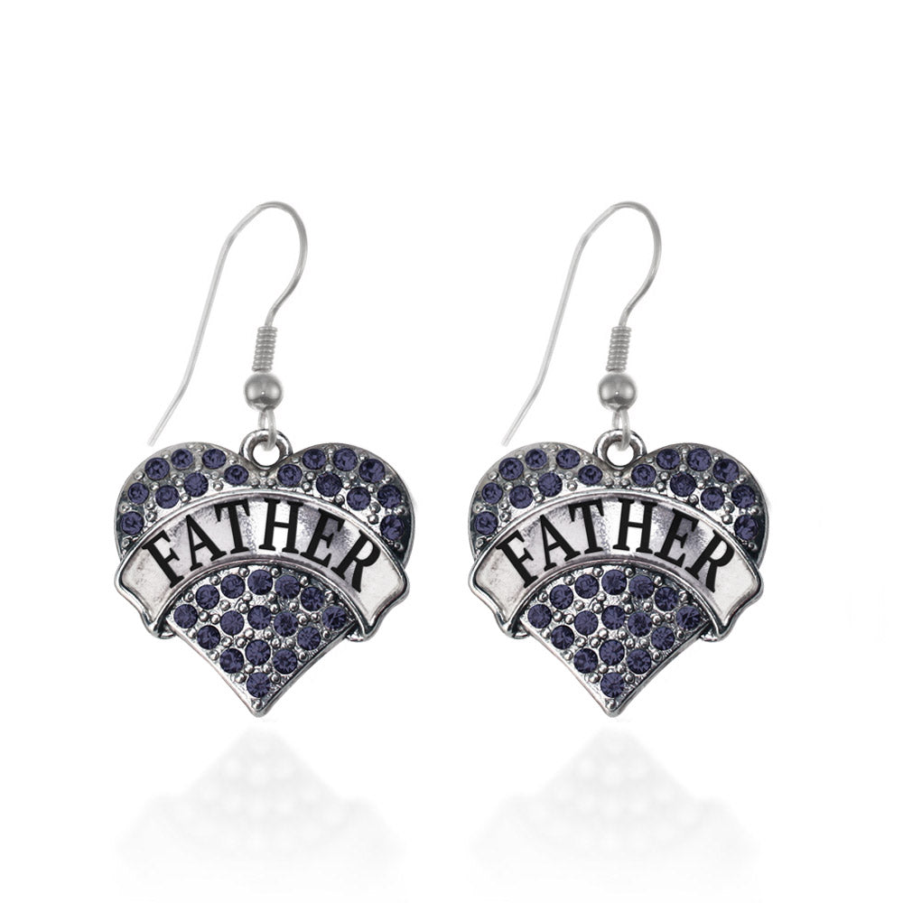 Silver Father Navy Blue Blue Pave Heart Charm Dangle Earrings