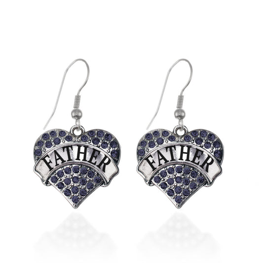 Silver Father Navy Blue Blue Pave Heart Charm Dangle Earrings