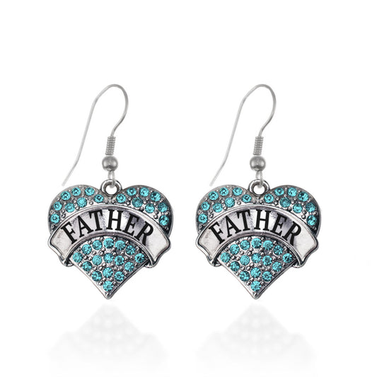 Silver Father Aqua Aqua Pave Heart Charm Dangle Earrings