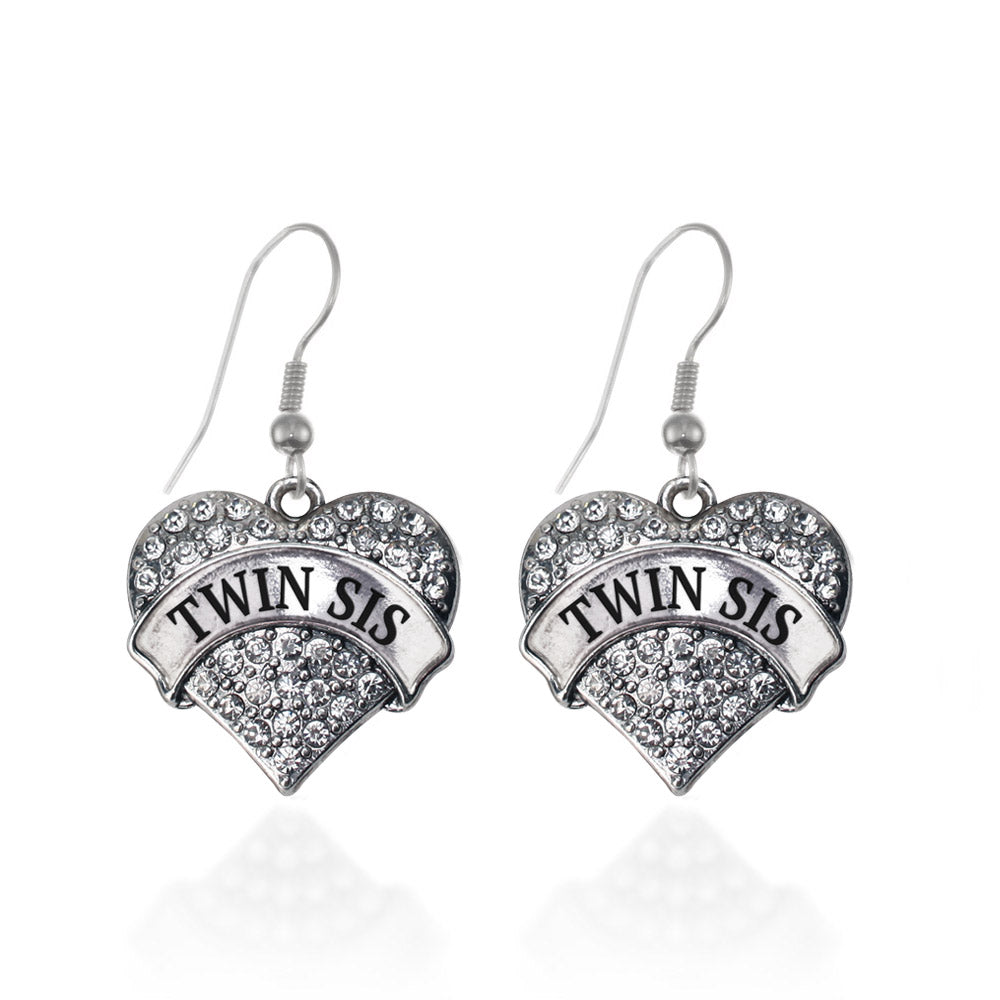Silver Twin Sis Pave Heart Charm Dangle Earrings
